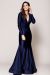 V Neck Rouched Formal Dress with Long Sleeves in Navy